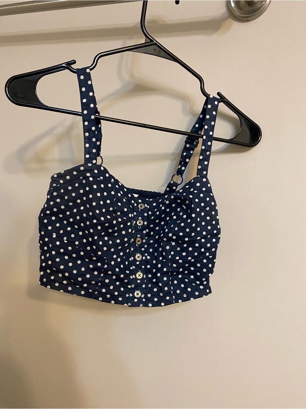 Navy Polka Dot Crop Tank Top with Button Front